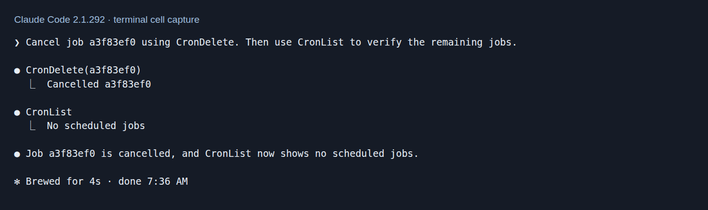 CronDelete의 Cancelled 결과와 CronList의 No scheduled jobs를 확인한 실제 터미널 셀 기록