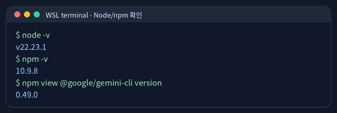 WSL 터미널에서 Node와 npm, Gemini CLI 패키지 버전 확인