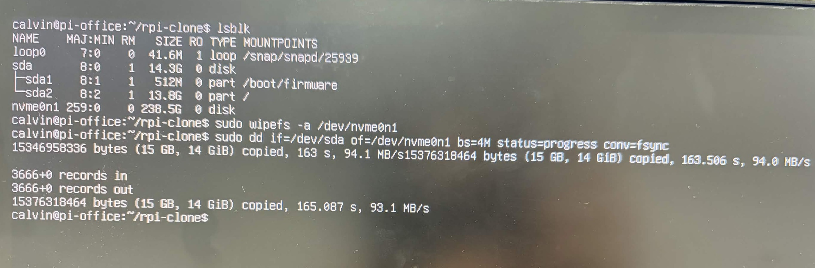 USB 디스크 전체가 NVMe SSD로 복사 완료된 화면