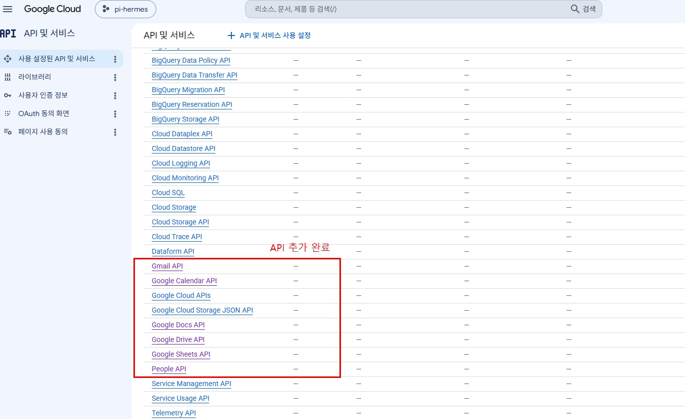 Google Cloud에 Gmail Calendar Drive Sheets Docs People API가 추가된 화면