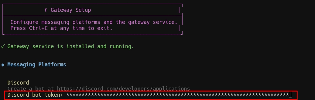 Hermes Gateway 설정에 Discord Bot 토큰 입력