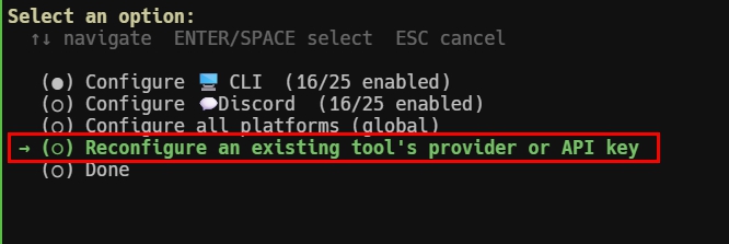 Hermes Tools에서 기존 Tool 제공자 또는 API Key 재설정 메뉴 선택