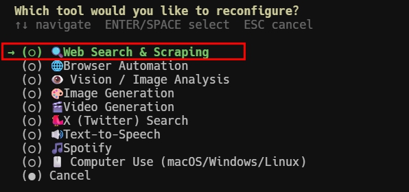 Hermes Tool 제공자 재설정 목록에서 Web Search 선택
