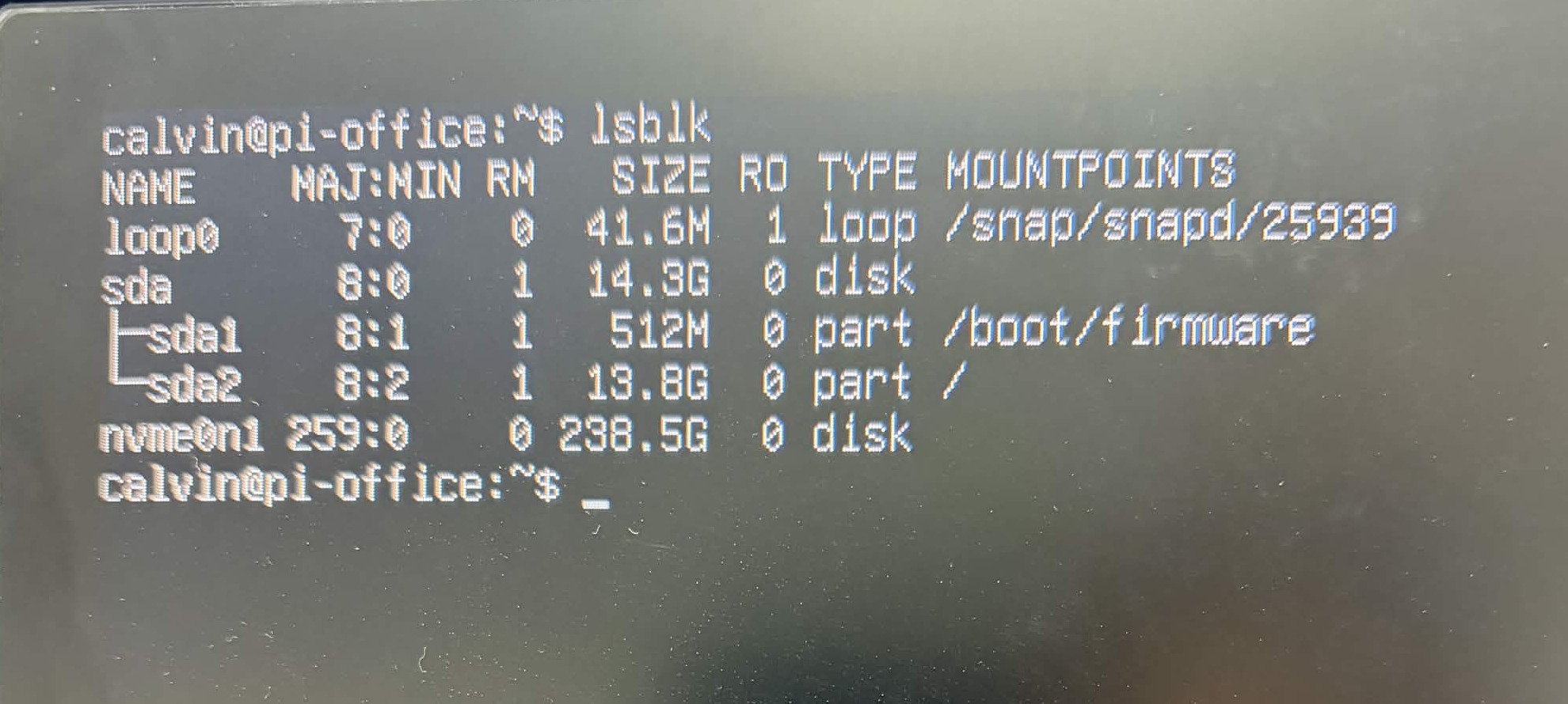 lsblk로 원본 USB와 대상 NVMe SSD를 확인한 화면