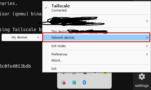 Windows Tailscale 메뉴에서 Network devices 열기